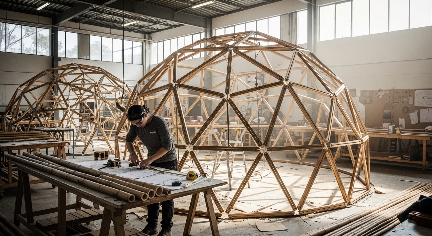 Proceso de fabricación de cúpula geodésica de bambú